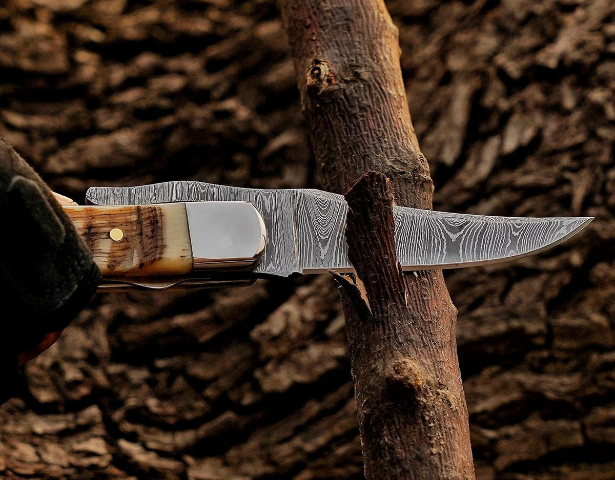 Handcrafted Damascus Steel Rus Lock Pocket Knife with, Traditional Folding Blade, Everyday carry, with leather sheath (Ram)
