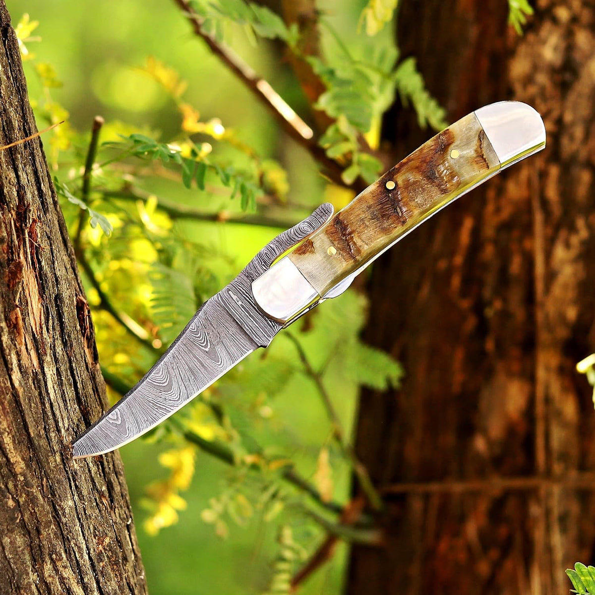 Handcrafted Damascus Steel Rus Lock Pocket Knife with, Traditional Folding Blade, Everyday carry, with leather sheath (Ram)