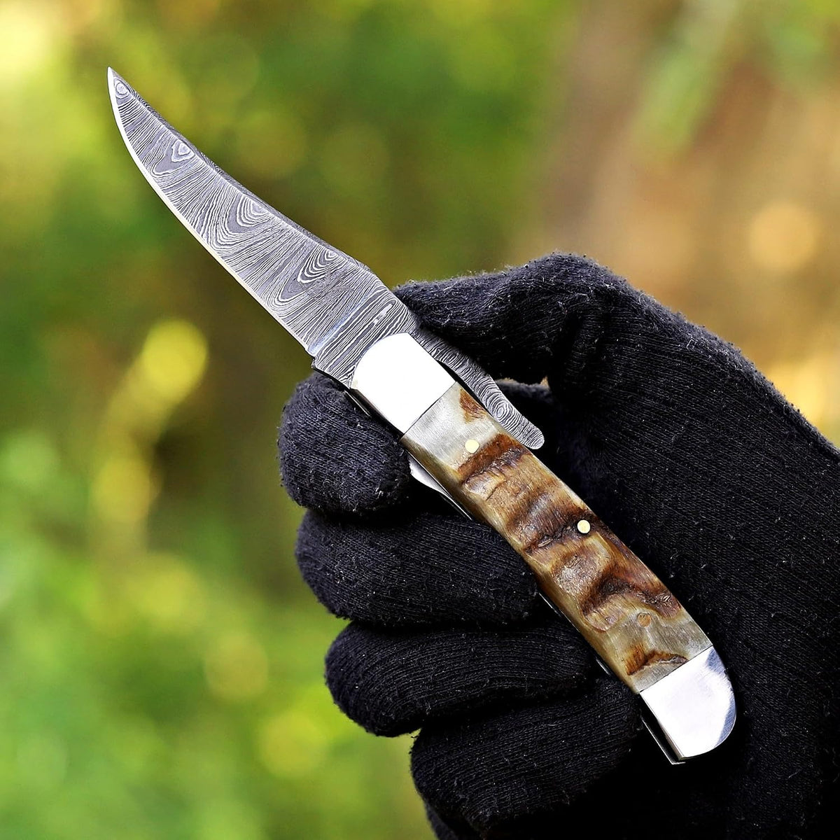Handcrafted Damascus Steel Rus Lock Pocket Knife with, Traditional Folding Blade, Everyday carry, with leather sheath (Ram)