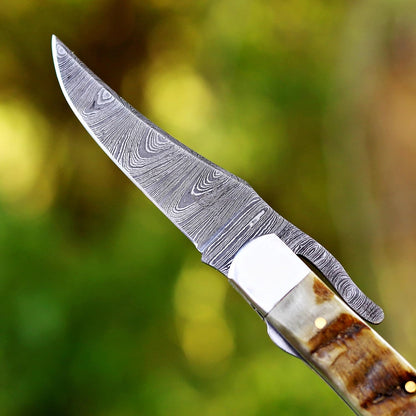 Handcrafted Damascus Steel Rus Lock Pocket Knife with, Traditional Folding Blade, Everyday carry, with leather sheath (Ram)