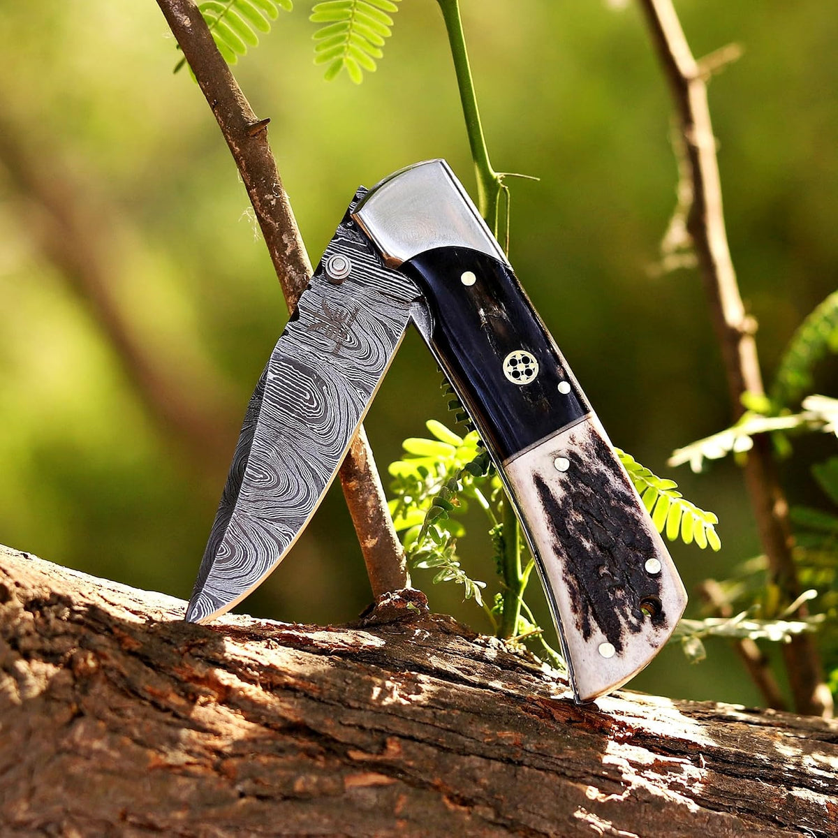 Handcrafted Damascus Steel Rus Lock Pocket Knife with, Traditional Folding Blade, Everyday carry, with leather sheath (Ram)