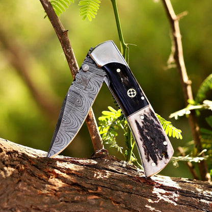 Handcrafted Damascus Steel Rus Lock Pocket Knife with, Traditional Folding Blade, Everyday carry, with leather sheath (Ram)