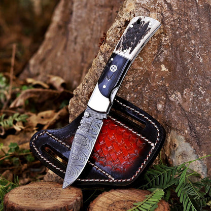 Handcrafted Damascus Steel Rus Lock Pocket Knife with, Traditional Folding Blade, Everyday carry, with leather sheath (Ram)