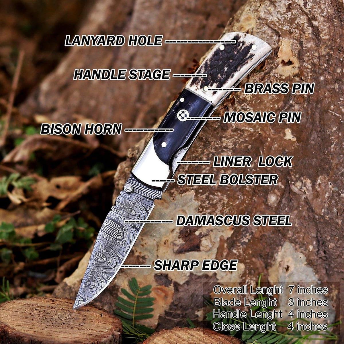 Handcrafted Damascus Steel Rus Lock Pocket Knife with, Traditional Folding Blade, Everyday carry, with leather sheath (Ram)