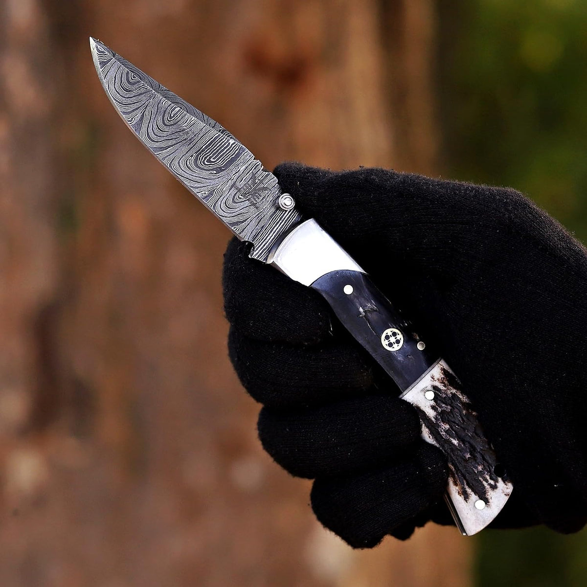 Handcrafted Damascus Steel Rus Lock Pocket Knife with, Traditional Folding Blade, Everyday carry, with leather sheath (Ram)