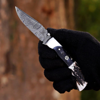 Handcrafted Damascus Steel Rus Lock Pocket Knife with, Traditional Folding Blade, Everyday carry, with leather sheath (Ram)