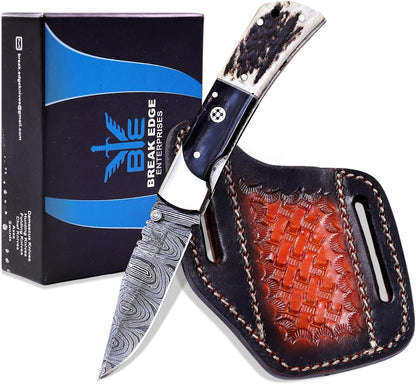 Handcrafted Damascus Steel Rus Lock Pocket Knife with, Traditional Folding Blade, Everyday carry, with leather sheath (Ram)