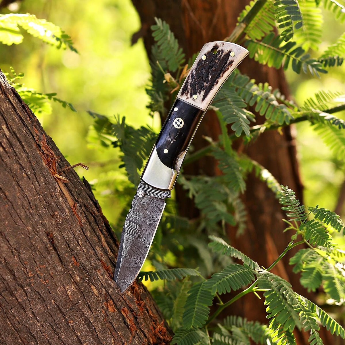 Handcrafted Damascus Steel Rus Lock Pocket Knife with, Traditional Folding Blade, Everyday carry, with leather sheath (Ram)