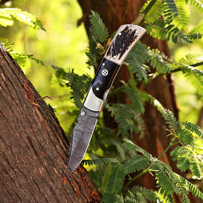 Handcrafted Damascus Steel Rus Lock Pocket Knife with, Traditional Folding Blade, Everyday carry, with leather sheath (Ram)