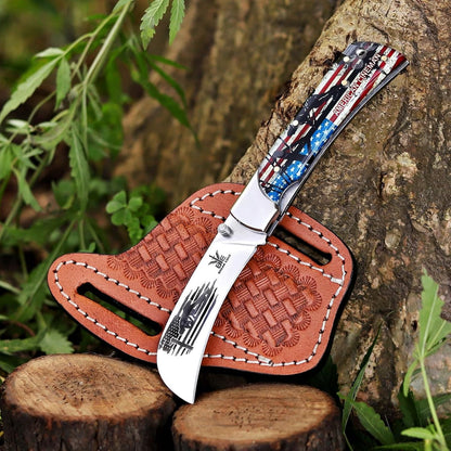 Handcrafted Damascus Steel Rus Lock Pocket Knife with, Traditional Folding Blade, Everyday carry, with leather sheath (Ram)