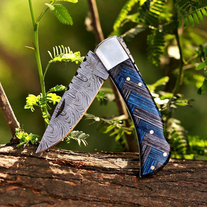 Handcrafted Damascus Steel Rus Lock Pocket Knife with, Traditional Folding Blade, Everyday carry, with leather sheath (Ram)