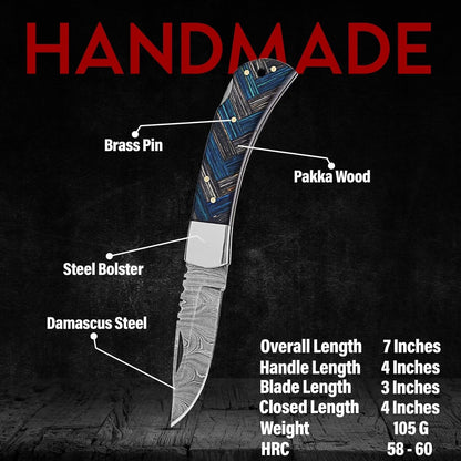 Handcrafted Damascus Steel Rus Lock Pocket Knife with, Traditional Folding Blade, Everyday carry, with leather sheath (Ram)
