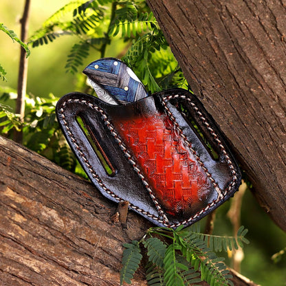 Handcrafted Damascus Steel Rus Lock Pocket Knife with, Traditional Folding Blade, Everyday carry, with leather sheath (Ram)