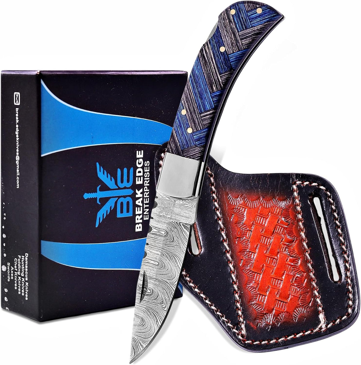 Handcrafted Damascus Steel Rus Lock Pocket Knife with, Traditional Folding Blade, Everyday carry, with leather sheath (Ram)