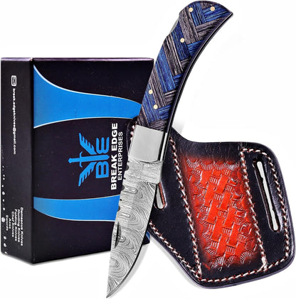 Handcrafted Damascus Steel Rus Lock Pocket Knife with, Traditional Folding Blade, Everyday carry, with leather sheath (Ram)