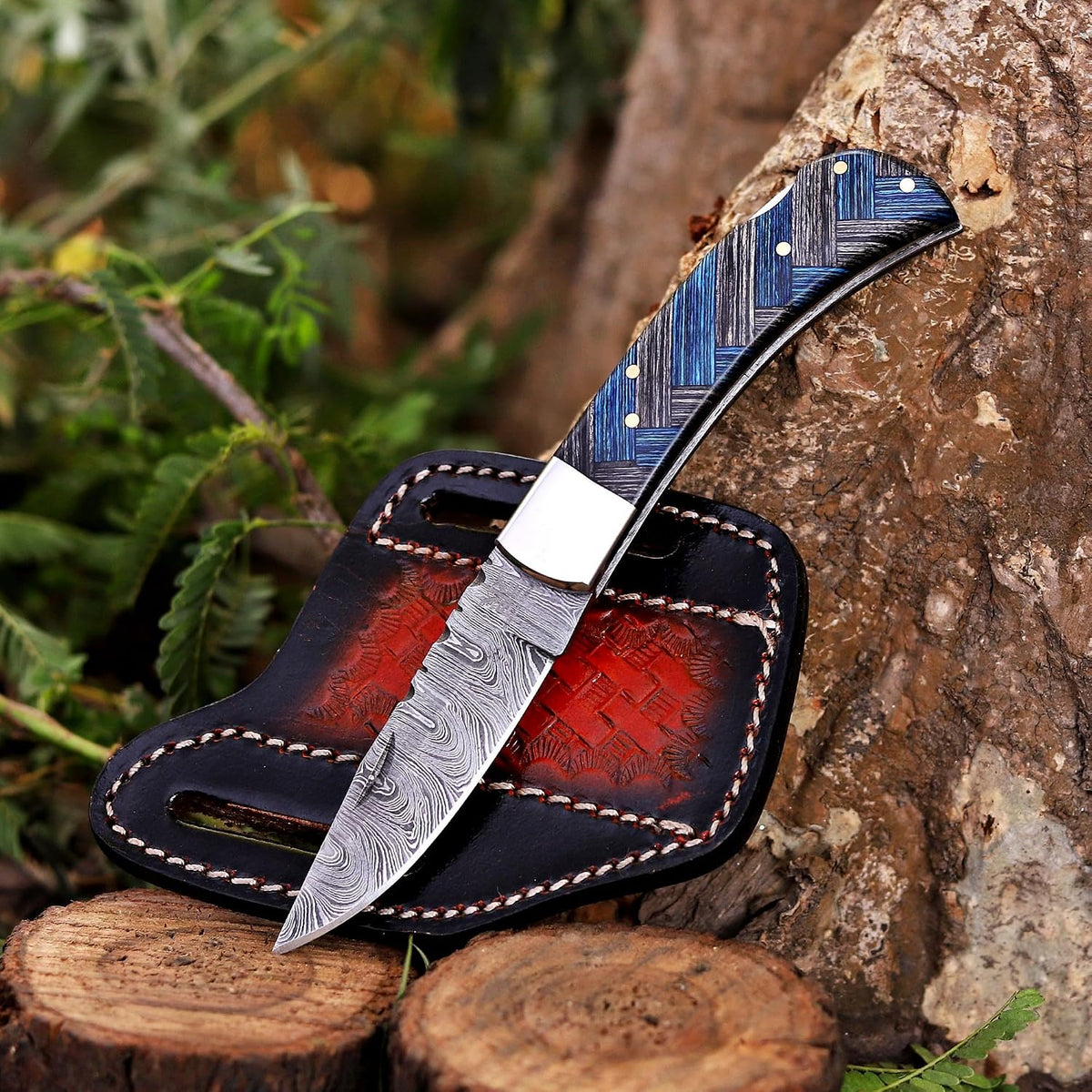 Handcrafted Damascus Steel Rus Lock Pocket Knife with, Traditional Folding Blade, Everyday carry, with leather sheath (Ram)