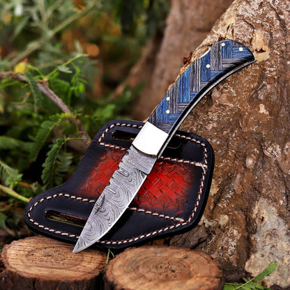 Handcrafted Damascus Steel Rus Lock Pocket Knife with, Traditional Folding Blade, Everyday carry, with leather sheath (Ram)