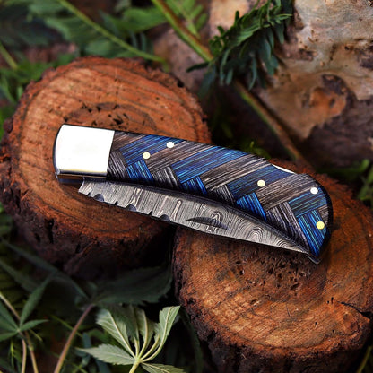 Handcrafted Damascus Steel Rus Lock Pocket Knife with, Traditional Folding Blade, Everyday carry, with leather sheath (Ram)
