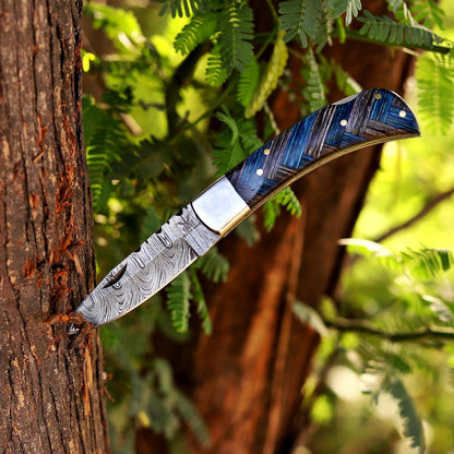 Handcrafted Damascus Steel Rus Lock Pocket Knife with, Traditional Folding Blade, Everyday carry, with leather sheath (Ram)