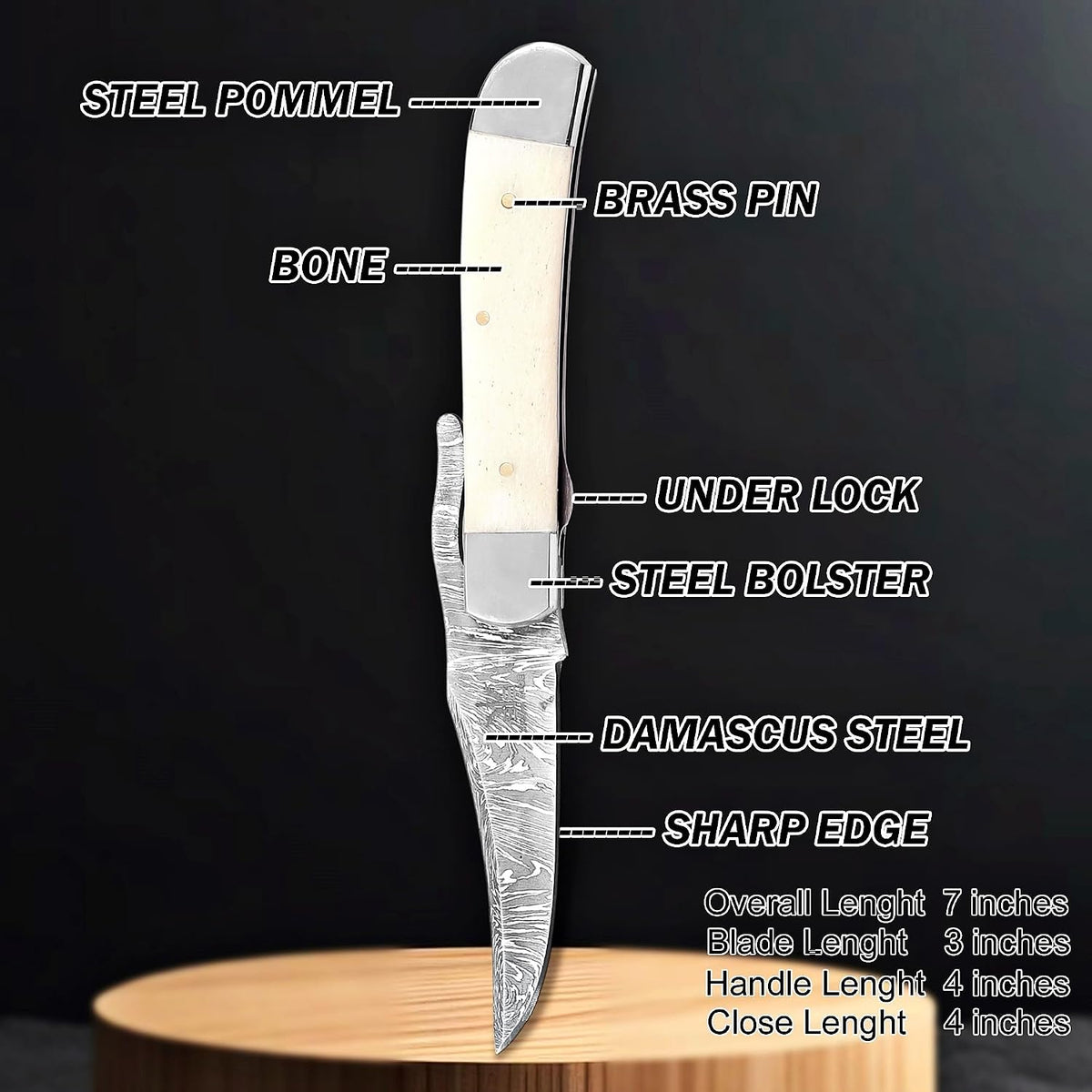 Handcrafted Damascus Steel Rus Lock Pocket Knife with, Traditional Folding Blade, Everyday carry, with leather sheath (Ram)