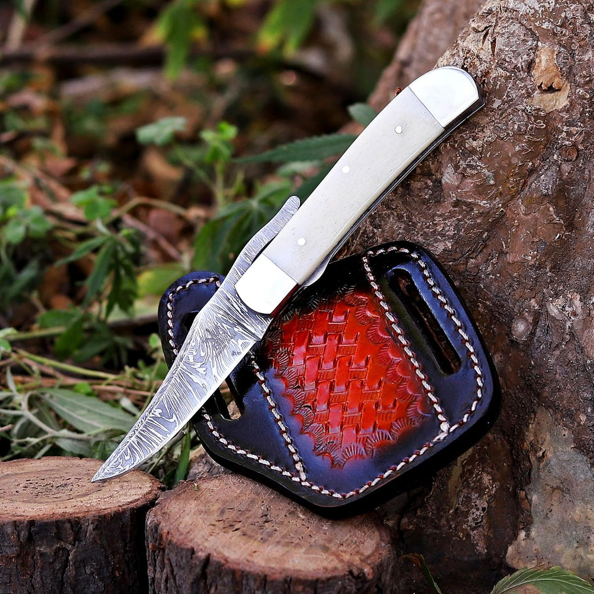Handcrafted Damascus Steel Rus Lock Pocket Knife with, Traditional Folding Blade, Everyday carry, with leather sheath (Ram)