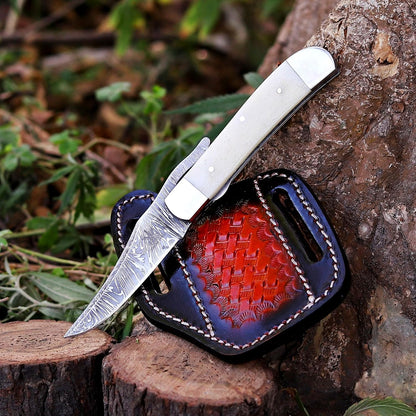 Handcrafted Damascus Steel Rus Lock Pocket Knife with, Traditional Folding Blade, Everyday carry, with leather sheath (Ram)