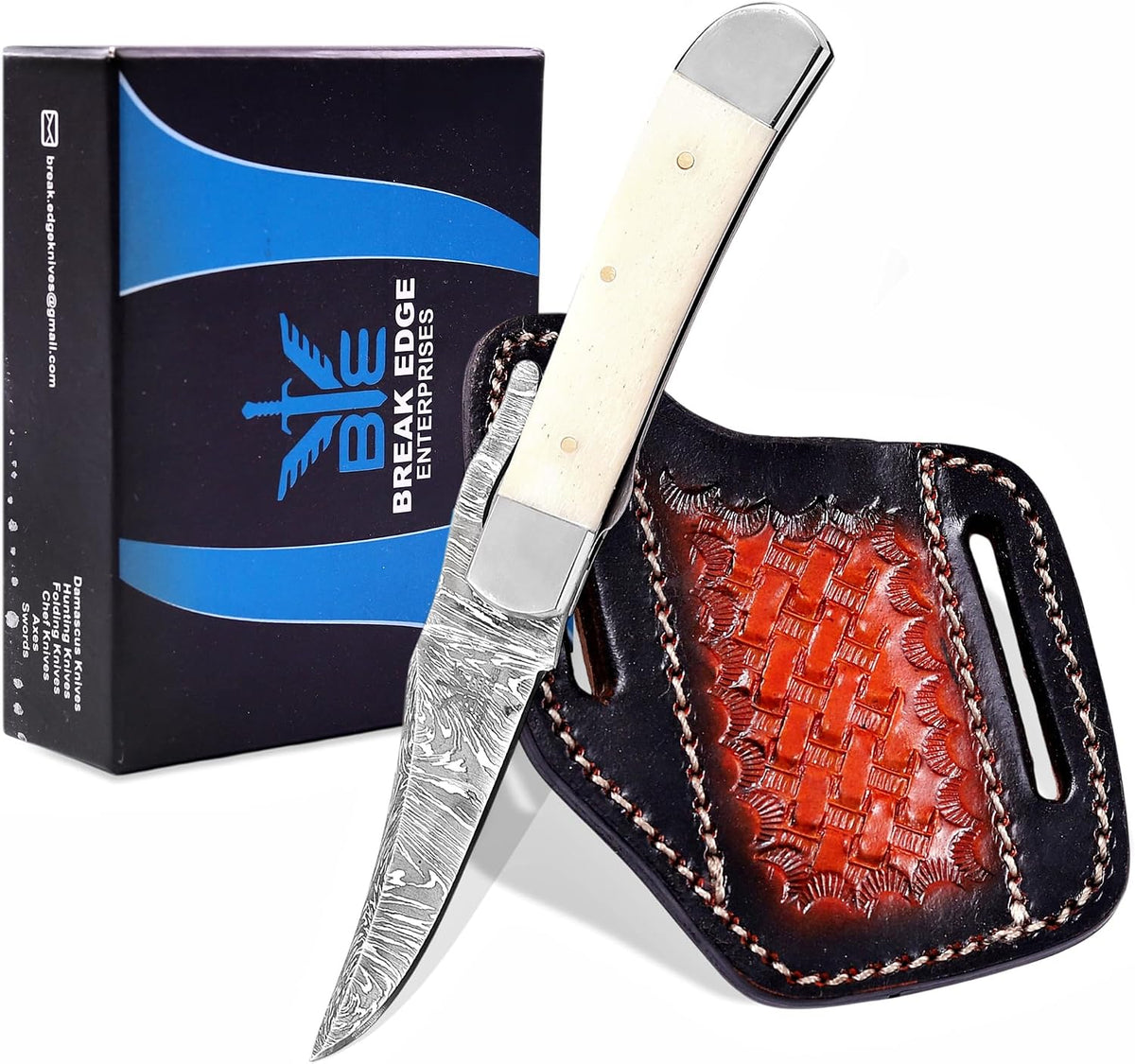 Handcrafted Damascus Steel Rus Lock Pocket Knife with, Traditional Folding Blade, Everyday carry, with leather sheath (Ram)