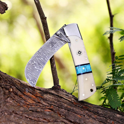 Handcrafted Damascus Steel Rus Lock Pocket Knife with, Traditional Folding Blade, Everyday carry, with leather sheath (Ram)