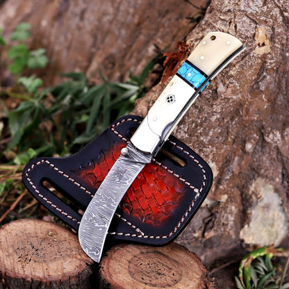 Handcrafted Damascus Steel Rus Lock Pocket Knife with, Traditional Folding Blade, Everyday carry, with leather sheath (Ram)