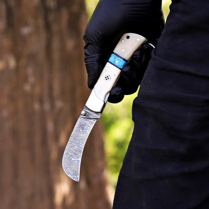 Handcrafted Damascus Steel Rus Lock Pocket Knife with, Traditional Folding Blade, Everyday carry, with leather sheath (Ram)