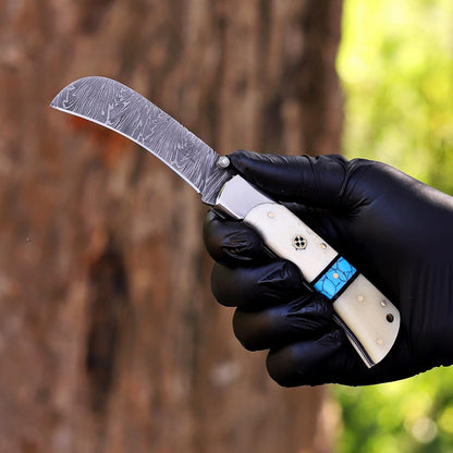 Handcrafted Damascus Steel Rus Lock Pocket Knife with, Traditional Folding Blade, Everyday carry, with leather sheath (Ram)