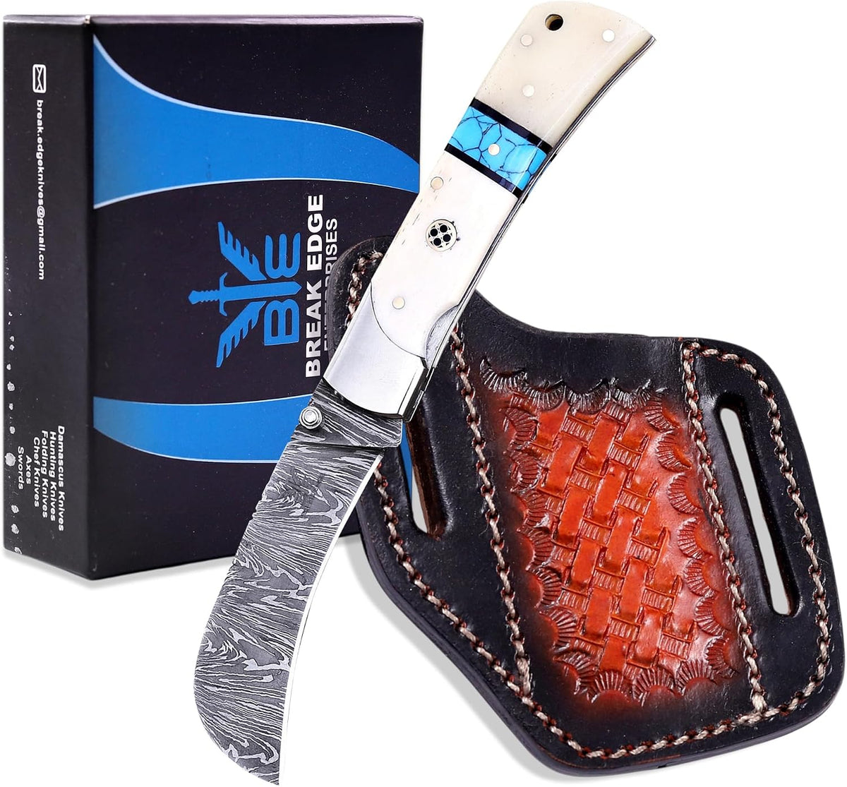 Handcrafted Damascus Steel Rus Lock Pocket Knife with, Traditional Folding Blade, Everyday carry, with leather sheath (Ram)