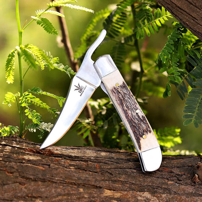 Handcrafted Damascus Steel Rus Lock Pocket Knife with, Traditional Folding Blade, Everyday carry, with leather sheath (Ram)