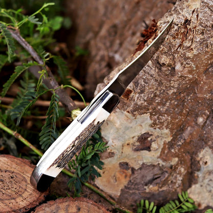 Handcrafted Damascus Steel Rus Lock Pocket Knife with, Traditional Folding Blade, Everyday carry, with leather sheath (Ram)
