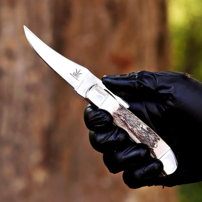 Handcrafted Damascus Steel Rus Lock Pocket Knife with, Traditional Folding Blade, Everyday carry, with leather sheath (Ram)