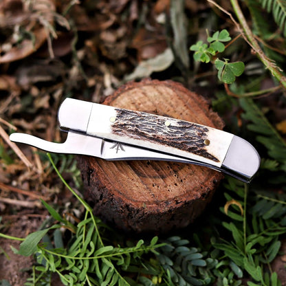 Handcrafted Damascus Steel Rus Lock Pocket Knife with, Traditional Folding Blade, Everyday carry, with leather sheath (Ram)