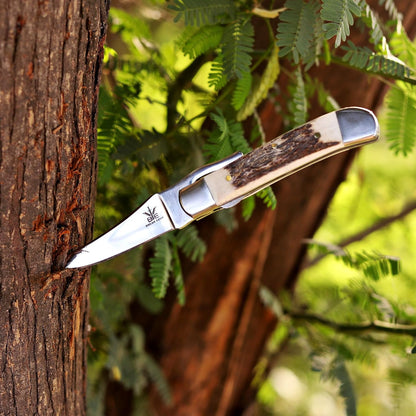 Handcrafted Damascus Steel Rus Lock Pocket Knife with, Traditional Folding Blade, Everyday carry, with leather sheath (Ram)