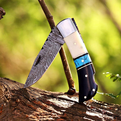 Handcrafted Damascus Steel Rus Lock Pocket Knife with, Traditional Folding Blade, Everyday carry, with leather sheath (Ram)
