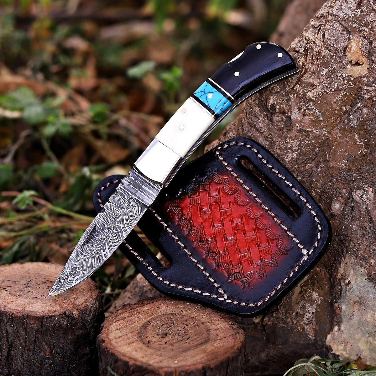 Handcrafted Damascus Steel Rus Lock Pocket Knife with, Traditional Folding Blade, Everyday carry, with leather sheath (Ram)