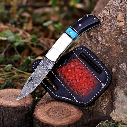 Handcrafted Damascus Steel Rus Lock Pocket Knife with, Traditional Folding Blade, Everyday carry, with leather sheath (Ram)