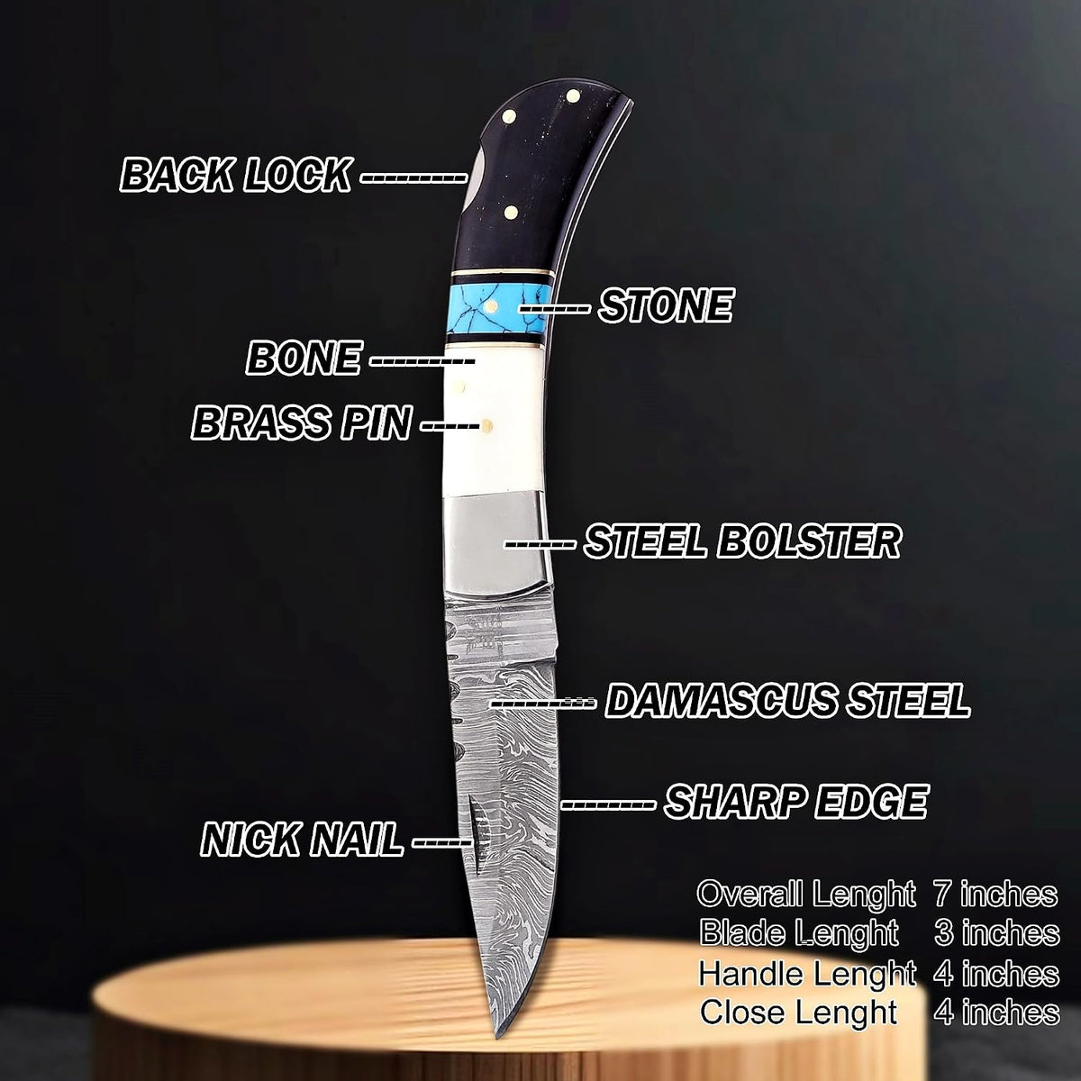 Handcrafted Damascus Steel Rus Lock Pocket Knife with, Traditional Folding Blade, Everyday carry, with leather sheath (Ram)