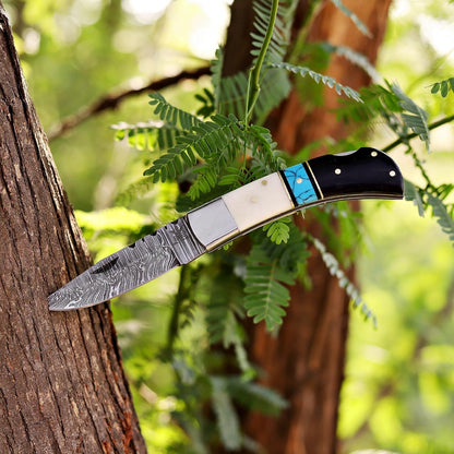 Handcrafted Damascus Steel Rus Lock Pocket Knife with, Traditional Folding Blade, Everyday carry, with leather sheath (Ram)