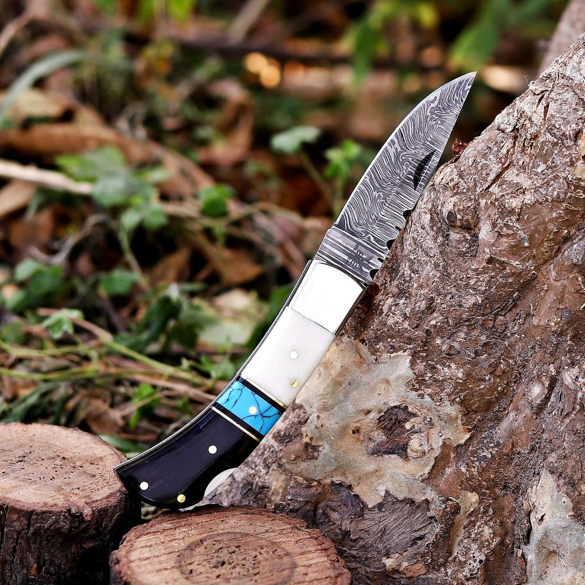 Handcrafted Damascus Steel Rus Lock Pocket Knife with, Traditional Folding Blade, Everyday carry, with leather sheath (Ram)