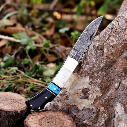 Handcrafted Damascus Steel Rus Lock Pocket Knife with, Traditional Folding Blade, Everyday carry, with leather sheath (Ram)
