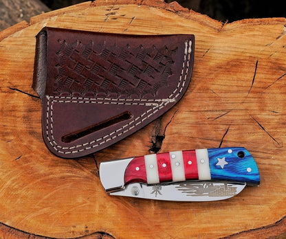 Handcrafted Damascus Steel Rus Lock Pocket Knife with, Traditional Folding Blade, Everyday carry, with leather sheath (Ram)