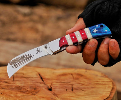 Handcrafted Damascus Steel Rus Lock Pocket Knife with, Traditional Folding Blade, Everyday carry, with leather sheath (Ram)