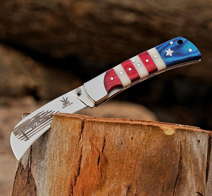 Handcrafted Damascus Steel Rus Lock Pocket Knife with, Traditional Folding Blade, Everyday carry, with leather sheath (Ram)