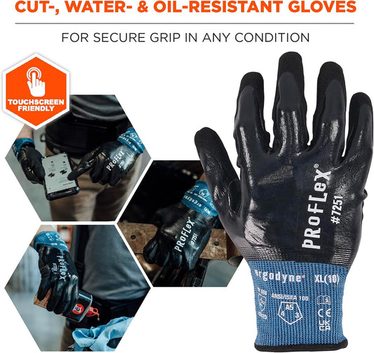 Unisex Proflex 7251 Fully Coated Nitrile Cut-resistant Gloves - Ansi/Isea 105-2016 A5, En 388 4x42d, Water-resistant, 21g