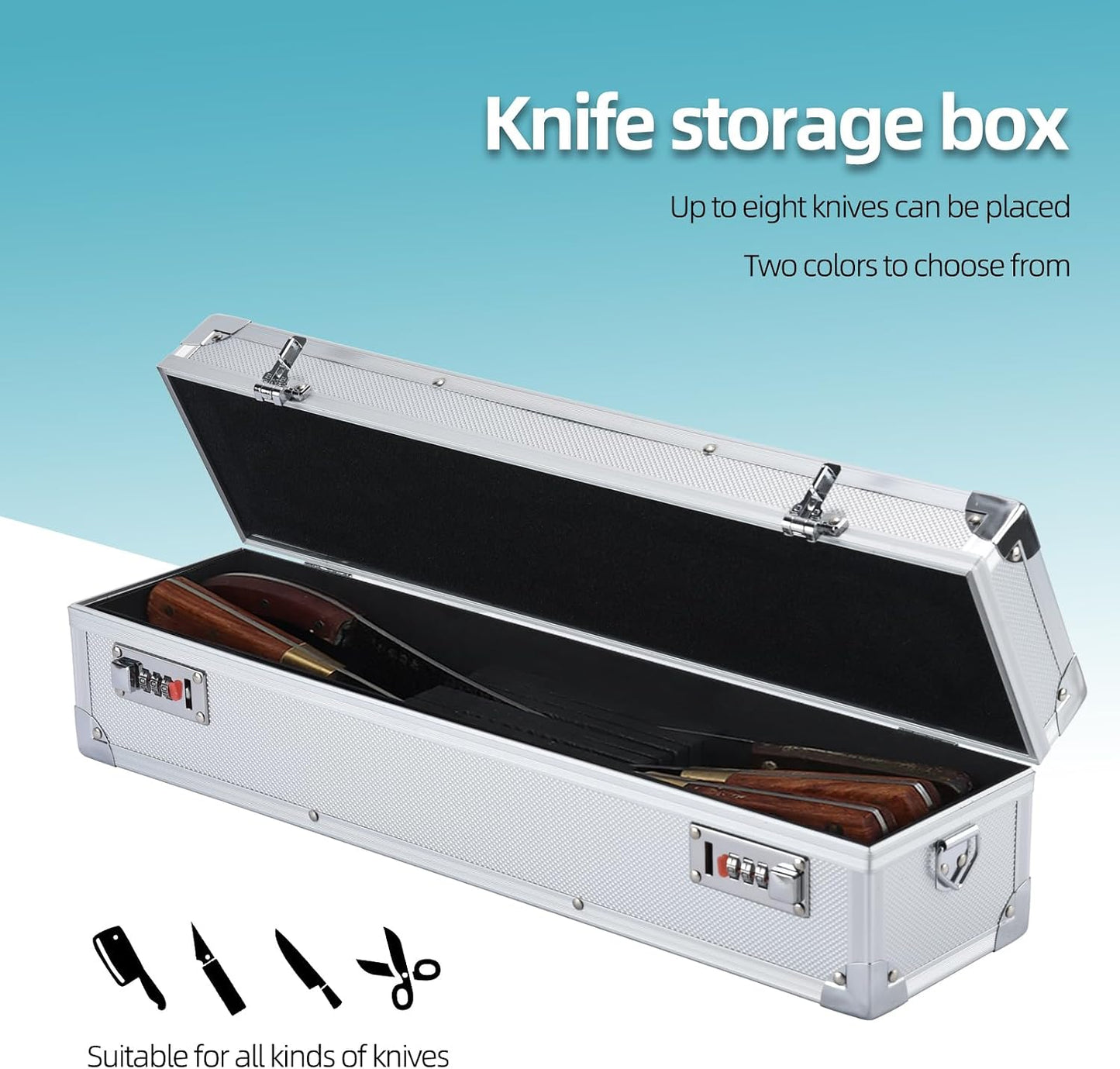 Chef’s Knife Case Aluminum Hard Case with Dual Combination Locks Cultery Carrier Portable Knife Organizer Block Holders Protectors With 8 Slots Can Hold Home Pure Black