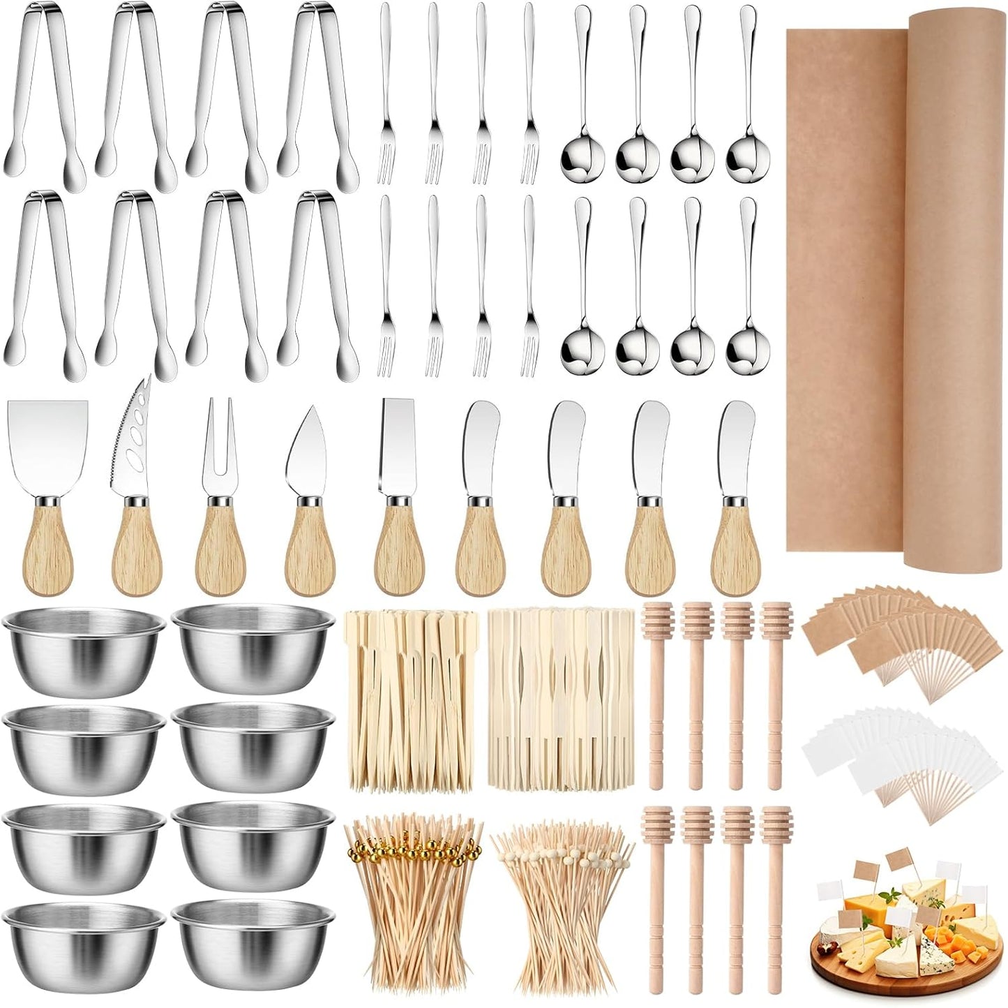 530 Pcs Charcuterie Board Accessories Cheese Butter Spreader Knife Set Butcher Paper Roll Serving Tongs Forks Spoons Dipping Bowls Dippers Cocktail Picks for Party Wedding Christmas (Silver)